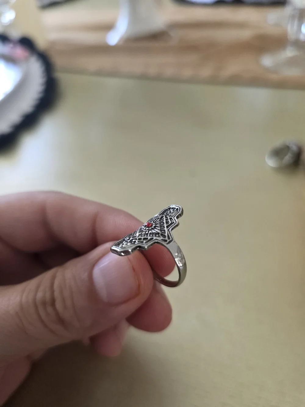 Silver-Color Filigree Ring with Red Accent Stone